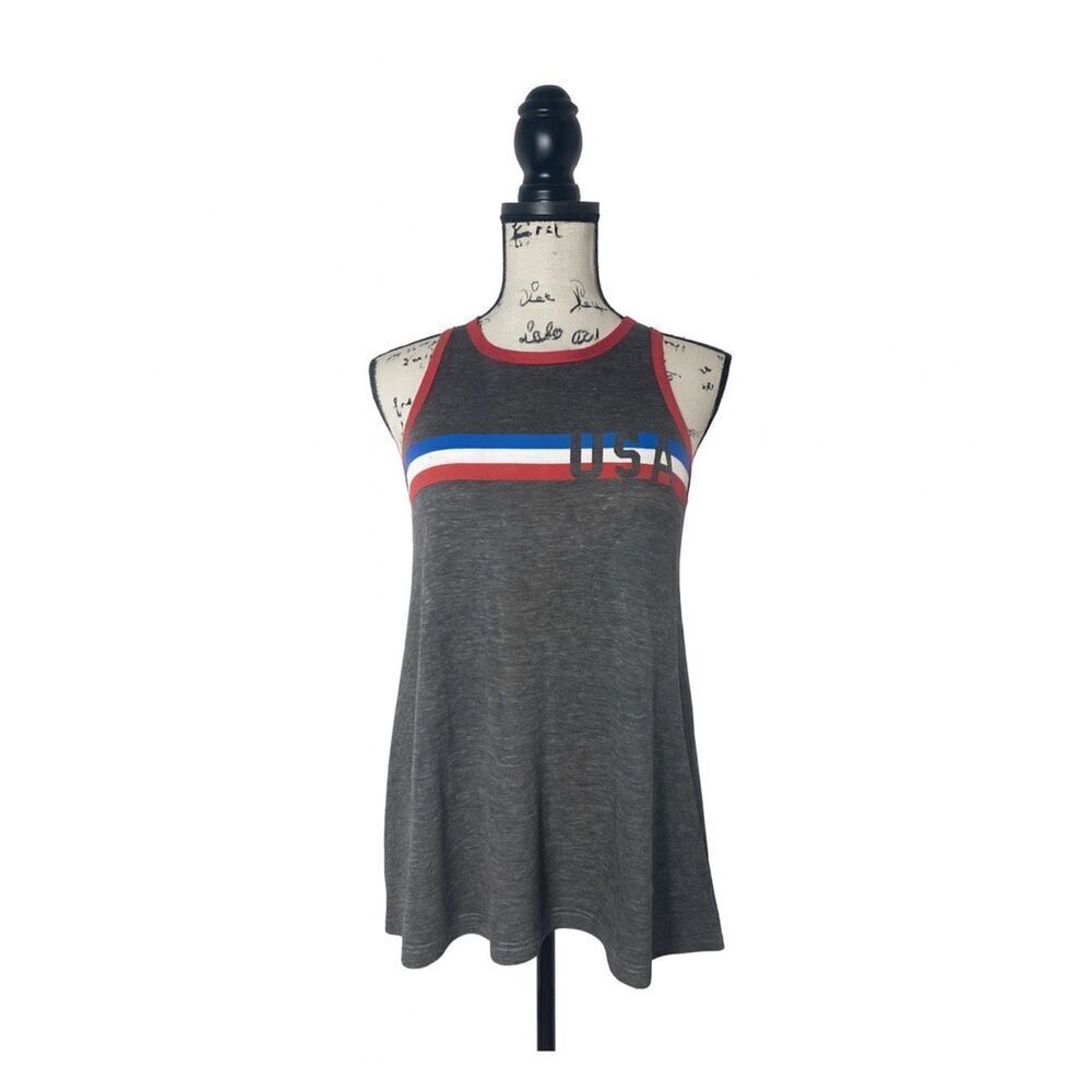 Modern Lux Women’s XL Gray USA Tank Top Red White Blue Stripes Sleeveless